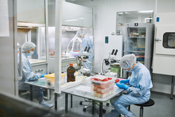 Women work in the lab. Conducts experiments on vaccines.